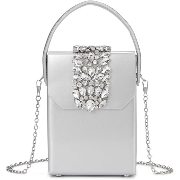⚡Women's Evening Rhinestone Box Detachable Chain Strap Silver Crystal Clutch Bag - Picture 2 of 6